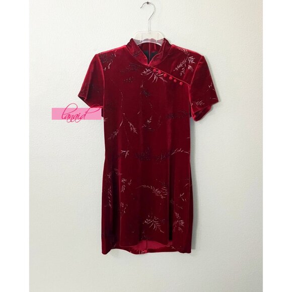 Asian Chinese Oriental Japanese Velvet Mini Dress Tunic Blouse Metallic Leaves 8 - Picture 1 of 7